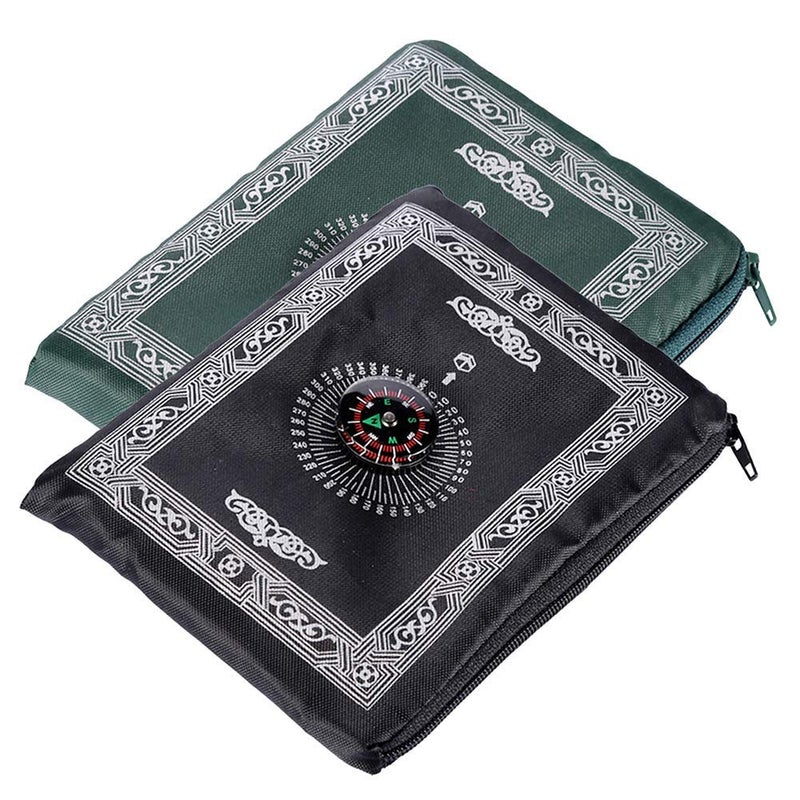 Hitopin 2 Pieces 60cm*100cm Travel Prayer Mat with Compass, Portable Polyester Prayer Rug, Islamic Waterproof Prayer Mat, for Ramadan Gifts, Islamic Prayer (Green, Black) - Image 1